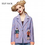 ELF SACK Women Brand 2016 Autumn Character Pattern Embroidery Coat Short Loose Jacket  Women's Casual Turn-down Collar Outerwear