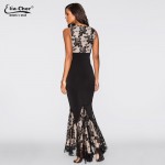 ELIACHER Maxi Plus Size Women Floor-Length Black White Autumn Lace Dress High Waist Sexy See Through Floral Vestido 8817