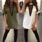 ELSVIOS 2017 Summer Dress Women Sexy Deep V Neck Lace Up Tshirt Dresses Short Sleeve Bodycon Bandage Hollow Out Dress Vestidos