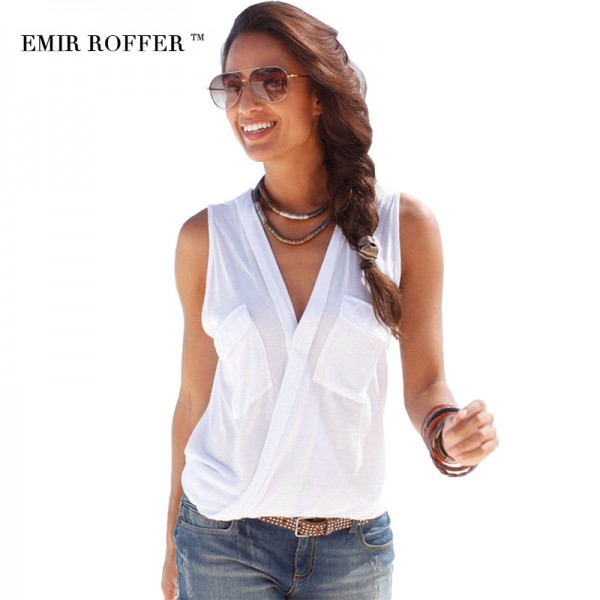 EMIR ROFFER Summer 2017 Brand Femme Sexy Top Female T-shirt V Neck Sleeveless Patchwork Shirt Women Cotton Plus Size Clothing