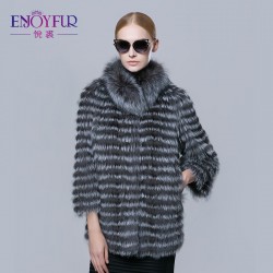 ENJOYFUR new real silver fox fur strip coat  for winter women outwear fur jacket 2016 Russian high-end female real fur coat