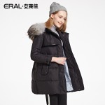 ERAL Women's Winter 2016 Luxury Raccoon Fur Collar Medium-long Down Coat Black Thermal Down Jacket ERAL16008-EDAB