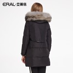 ERAL Women's Winter 2016 Luxury Raccoon Fur Collar Medium-long Down Coat Black Thermal Down Jacket ERAL16008-EDAB