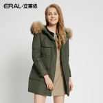 ERAL Women's Winter 2016 Luxury Raccoon Fur Collar Medium-long Down Coat Black Thermal Down Jacket ERAL16008-EDAB