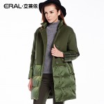 ERAL Women's Winter 2016 Slim Stand Collar Medium-long Down Jacket Wool Patchwork Luxury Outerwear ERAL16039-EDAA