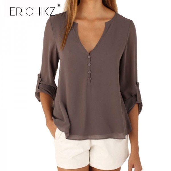 ERICHIKZ New Autumn Fashion Women deep v neck button long sleeve ladies tops chiffon shirts solid elegant Top casual blouse