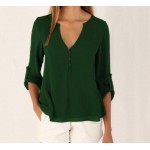 ERICHIKZ New Autumn Fashion Women deep v neck button long sleeve ladies tops chiffon shirts solid elegant Top casual blouse