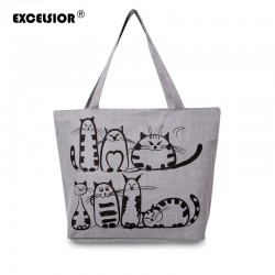 EXCELSIOR 2017 Cartoon Cats Printed Beach Zipper Bag Bolsa Feminina Canvas Tote Shopping Handbags sac a main femme de marque