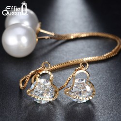 Effie Queen Fashion Cute Ear Wire Earrings Female Models Long Drop Crystal Imitation Pearl Jewelry Dangle Earrings Brincos DDE26