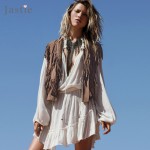 Effortless Summer Cotton Long-Sleeve V-neckline Boho Mini Dress Ruffled Hem With Beachy Raw Trim Tunics Women Dresses