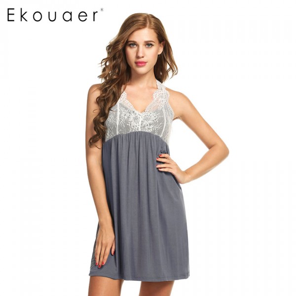 Ekouaer Women Nightwear Sleeveless Nightdress Patchwork V Neck Nightgowns Sleepshirts Female Sleepwear Hollow Out Lace Dress