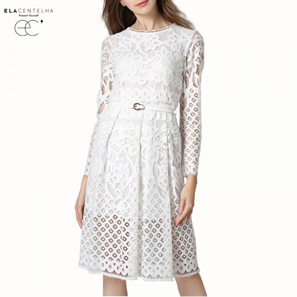 ElaCentelha Brand Dress Summer Women High Quality Lace Slim Hollow Out Dress Casual Full Sleeve Solid Knee Length Womens Dresses