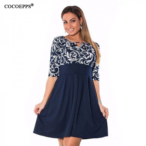 Elegant 2018 plus size women clothing dress L-6xl Autumn printing Dress casual women patchwork party dresses big size vestidos