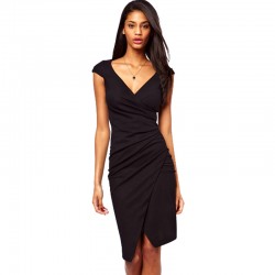 Elegant Charming Knee Length Cap Sleeve Women's Sexy V Neck Bodycon Club Wear Wrap Pencil Dress Casual Sheath Black Dresses G728