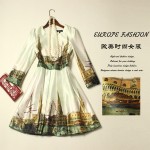 Elegant Dresses  2016 Europe Fashion New Sweet Style 3/4 Sleeve Retro Landscape Print Slim Summer Princess Dress