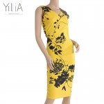 Elegant Floral Print Midi Bodycon Dresses Ladies Slim Sheath Vestidos Knee Length Sleeveless Yellow Red V Neck Summer Plus Size