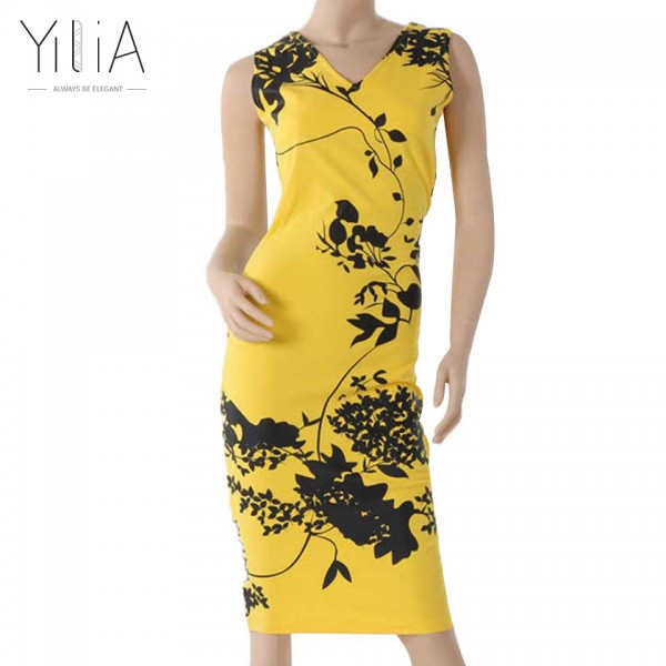 Elegant Floral Print Midi Bodycon Dresses Ladies Slim Sheath Vestidos Knee Length Sleeveless Yellow Red V Neck Summer Plus Size