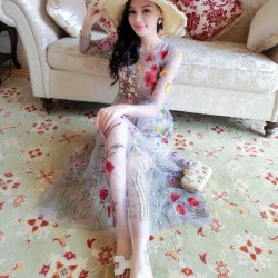 Elegant Lace Long 2 Pieces Dress 2016 Runway Women Long Sleeve Floral Mesh Gauze Sexy Perspective Embroidered Maxi Dress