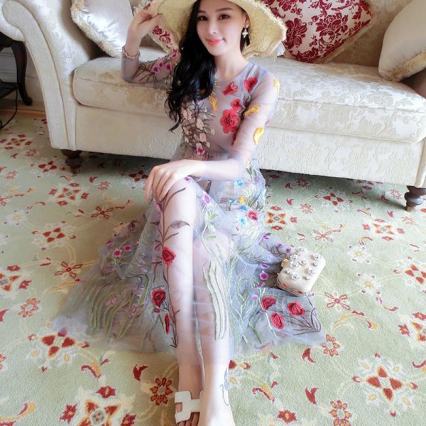 Elegant Lace Long 2 Pieces Dress 2016 Runway Women Long Sleeve Floral Mesh Gauze Sexy Perspective Embroidered Maxi Dress