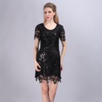 Elegant Lady-like Women Summer Short Sleeve Embroidery Party Sequin Dress Vintage Slim Hollow Out Crochet Lace Dress Vestidos 