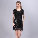 Elegant Lady-like Women Summer Short Sleeve Embroidery Party Sequin Dress Vintage Slim Hollow Out Crochet Lace Dress Vestidos 