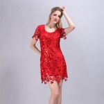 Elegant Lady-like Women Summer Short Sleeve Embroidery Party Sequin Dress Vintage Slim Hollow Out Crochet Lace Dress Vestidos 