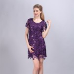 Elegant Lady-like Women Summer Short Sleeve Embroidery Party Sequin Dress Vintage Slim Hollow Out Crochet Lace Dress Vestidos 