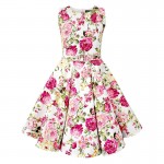 Elegant Pink Print Foral 1950S 60s Sexy Dresses Women Summer Rockabilly Dress Sleeveless Cotton Vintage Dress