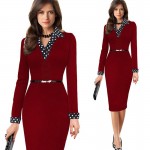 Elegant Turn Down Collar Full Sleeve Fake Two Piece Patchwork Dots Business Party Formal Work Office Bodycon Women Dress 2016
