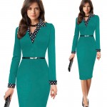 Elegant Turn Down Collar Full Sleeve Fake Two Piece Patchwork Dots Business Party Formal Work Office Bodycon Women Dress 2016