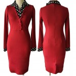 Elegant Turn Down Collar Full Sleeve Fake Two Piece Patchwork Dots Business Party Formal Work Office Bodycon Women Dress 2016
