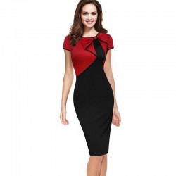 Elegant Women Bow Contrast Color Patchwork Sheath Bodycon Pencil Dress Knee-Length Wear to Work Business Dress Short Sleeve