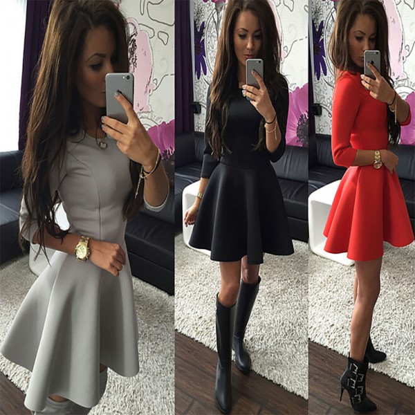 Elegant Women Mini A Line Dress 2016 Autumn Round neck fashion Vintage party Big Swing Midi Black Red Grey Sexy Dress S M L XL