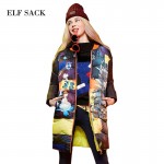 Elf SACK Winter doodle print color block rib knitting stand collar loose long design down coat 