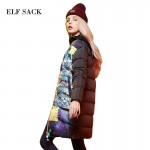 Elf SACK Winter doodle print color block rib knitting stand collar loose long design down coat 