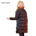 Elf SACK Winter doodle print color block rib knitting stand collar loose long design down coat 