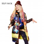 Elf SACK Winter doodle print color block rib knitting stand collar loose long design down coat 