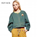 Elf SACK spring loose o-neck color block cutout vintage short jacket female long-sleeve Free Shipping