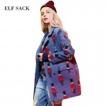 Elf SACK winter p female vintage jacquard cloth double breasted overcoat woolen outerwear female long design