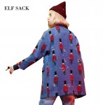 Elf SACK winter p female vintage jacquard cloth double breasted overcoat woolen outerwear female long design