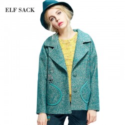 Elf SACK woolen winter female vintage turn-down collar fashion embroidery loose fashion woolen outerwear