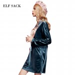 Elf SACK yp fringe winter female love vintage embroidery velvet drawstring waist slim stand collar one-piece dress 