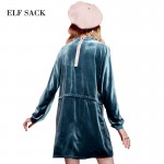 Elf SACK yp fringe winter female love vintage embroidery velvet drawstring waist slim stand collar one-piece dress 