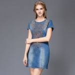 Embellished Denim Dress Short Sleeve Beaded Women Summer Dresses Party Blue