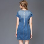 Embellished Denim Dress Short Sleeve Beaded Women Summer Dresses Party Blue