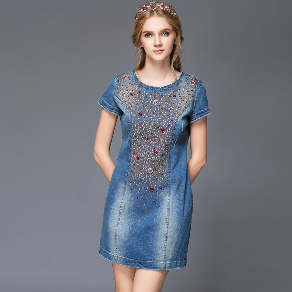 Embellished Denim Dress Short Sleeve Beaded Women Summer Dresses Party Blue