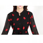 Embroided Dress Lips ChiffonThree Quarter Sleeve Stand Collar Adjustable Waist Casual Bodycon Ladies Shirt Dress Black Vestidos