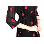 Embroided Dress Lips ChiffonThree Quarter Sleeve Stand Collar Adjustable Waist Casual Bodycon Ladies Shirt Dress Black Vestidos