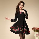 Embroidery Dress Flowers Hollow out Plus Size XXXL 2016 Fashion Daily New 9 Points Black Autumn Dress