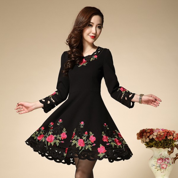 Embroidery Dress Flowers Hollow out Plus Size XXXL 2016 Fashion Daily New 9 Points Black Autumn Dress